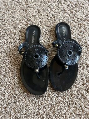 Jack Rogers Black Glossy Cutout Medallion Sandals
